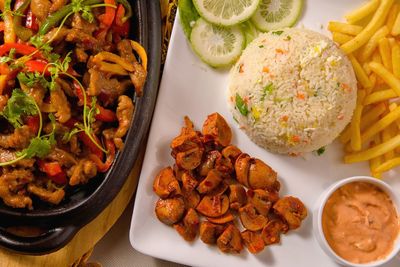 High angle view of food in plate on table