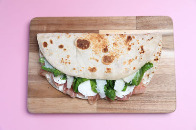 High angle view of food on cutting board