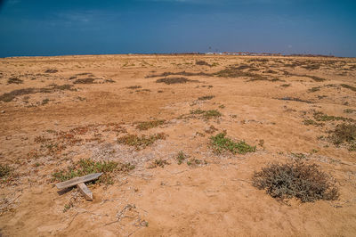 Scenic view of sand dune on beach against sky