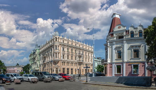 Historic apartment libman building on the sadovaya street in odessa, ukraine, on a sunny summer day