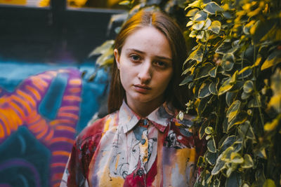 Portrait of young woman standing against multi colored background