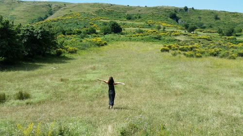 Rear view of woman with arms outstretched standing on grassy field