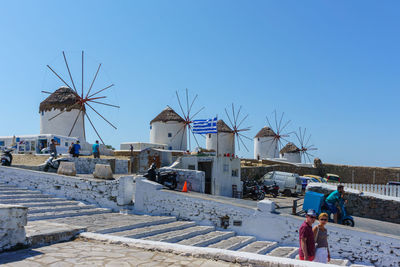 Traditional windmill against clear blue sky