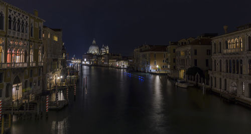 View of city lit up at night