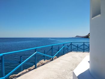 Scenic view of sea against clear blue sky