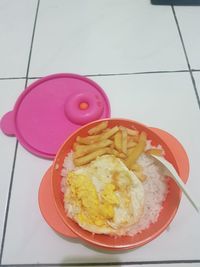 High angle view of breakfast on table