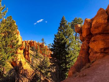 Rock formation amidst trees against blue sky