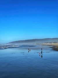 People on sea against clear blue sky