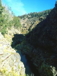 Scenic view of river amidst mountains against clear sky