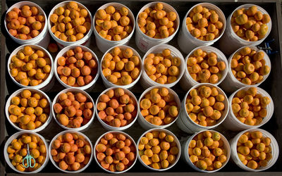 High angle view of oranges in containers for sale