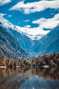 Scenic view of lake and snowcapped mountains against sky