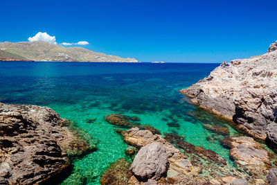 Scenic view of sea against clear blue sky