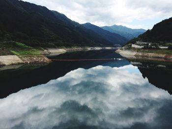 Scenic view of river by mountains against sky