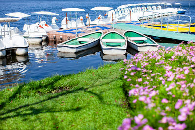 Boats moored in lake