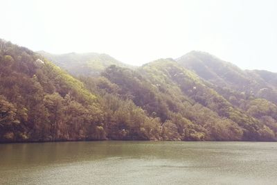 Scenic view of lake by mountains against clear sky