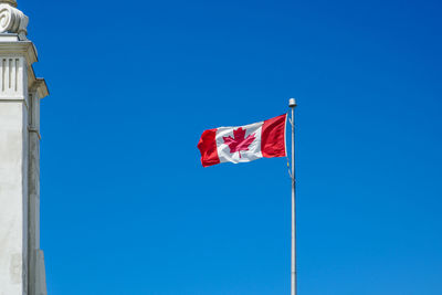 Low angle view of flag against clear blue sky