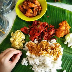 High angle view of food served on table