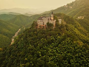 Scenic view of tree and buildings against mountains