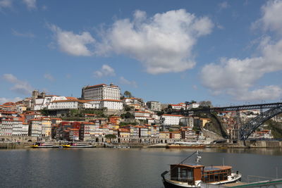 Bridge over river by buildings in city against sky