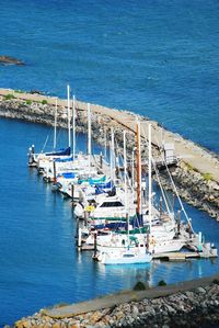 High angle view of ship moored at harbor
