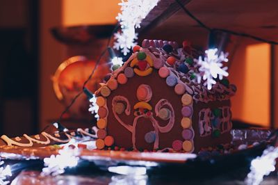 Close-up of illuminated ginger christmas house
