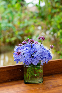 Beautiful blue hydrangea in glass vase on white table