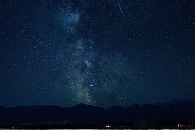 Scenic view of mountains against star field at night