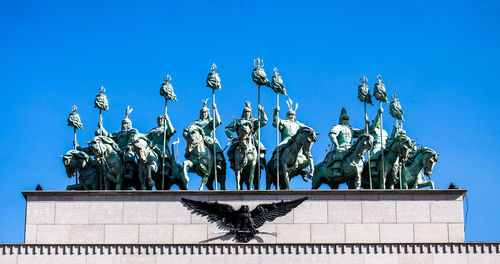 Low angle view of statue against clear blue sky