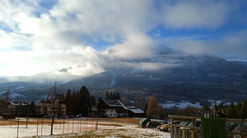 Scenic view of mountains against cloudy sky