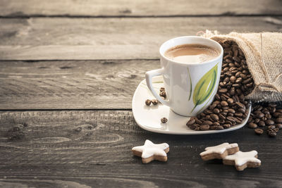 High angle view of coffee cup on table