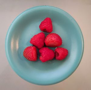 High angle view of strawberries in bowl