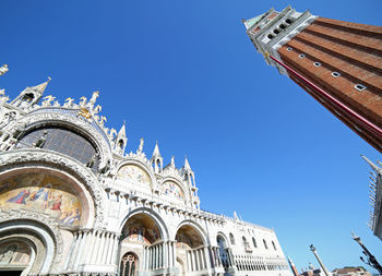 Low angle view of temple building against clear blue sky