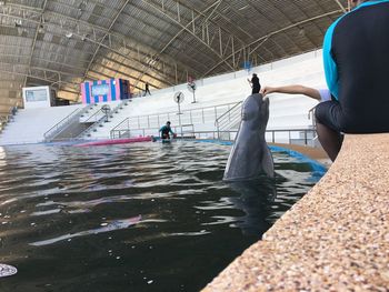 People standing by swimming pool