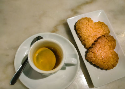 High angle view of breakfast served on table