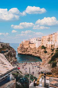 High angle view of buildings by sea against sky