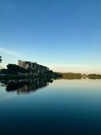 Scenic view of lake by buildings against clear blue sky