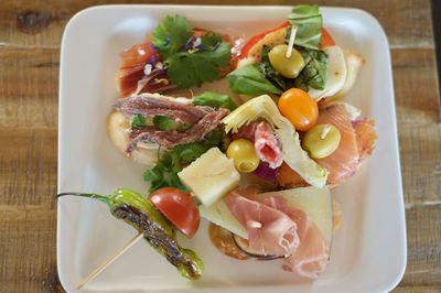 High angle view of salad in plate on table