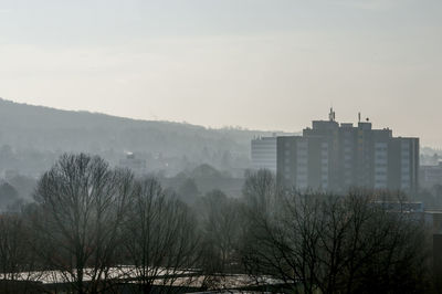 Trees and buildings against sky during winter