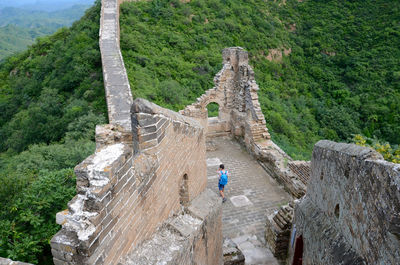 High angle view of man walking on great wall of china
