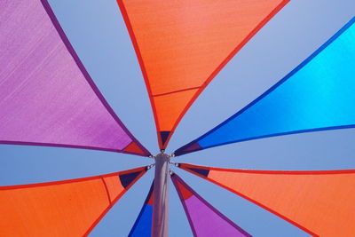 Close-up of multi colored umbrella against clear blue sky