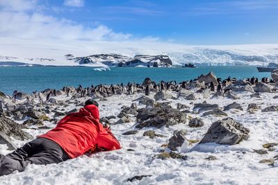 Man photographing dolphins at beach against sky during winter