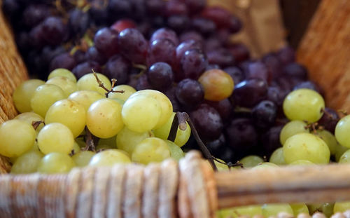 Close-up of grapes in basket at market