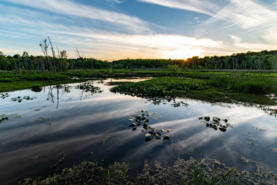 Scenic view of lake against sky during sunset
