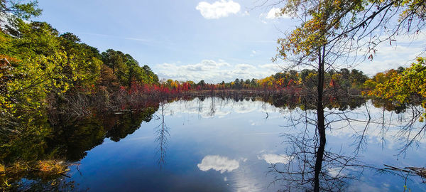 Scenic view of lake against sky during autumn