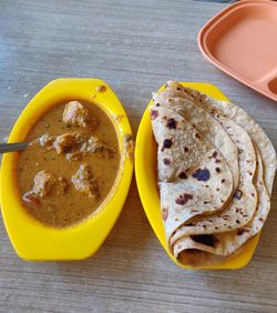 High angle view of breakfast served on table
