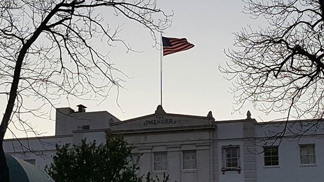 building exterior, architecture, built structure, low angle view, clear sky, tree, bare tree, city, flag, street light, branch, building, american flag, sky, outdoors, day, patriotism, national flag, no people, tower