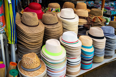 Close-up of hats on table for sale