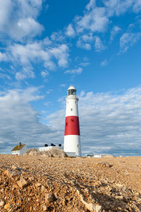 Portland bill lighthouse. isle of portland, uk. a way-mark guiding vessels in english channel.