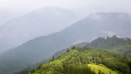 Scenic view of mountains in fog from miradouro do pico dos bodes, sao miguel island, azores