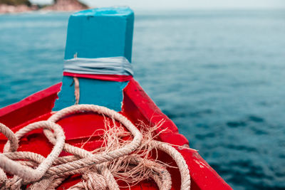 Close-up of rope tied on boat